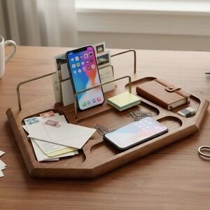 Vintage Setwell Genuine Walnut Wood Desk Organizer Valet Mail Sorter MCM USA